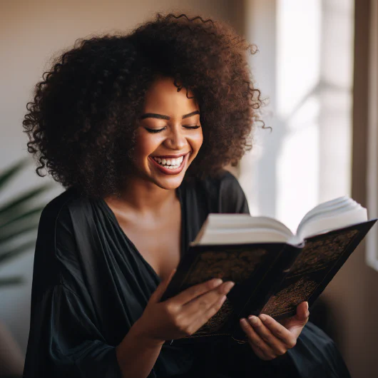 Smiling woman reading a book